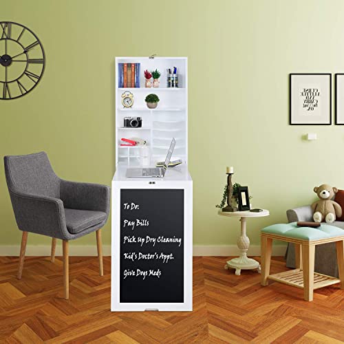 Utopia Alley Collapsible Fold Down Desk Table/Wall Cabinet with Chalkboard and Bottom Shelf, White