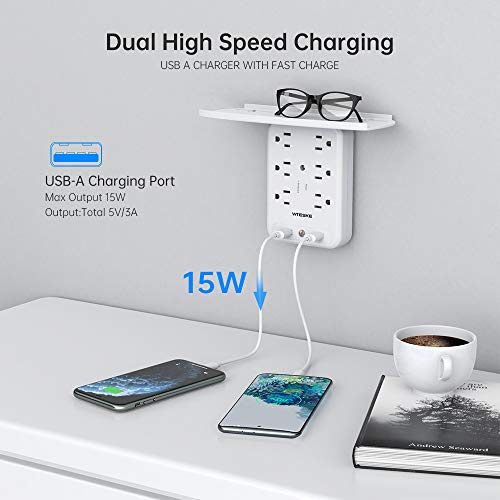 6 Outlet Socket Wall Shelf Surge Protector 1700 Joules, Wall Mount Outlet Extender Multi Plug with 2 USB Charging Ports, Smart Night Light and Removable Built-in Shelf (White)
