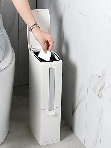 Cq acrylic Slim Plastic Trash Can 1.6 Gallon,Trash can with Toilet Brush Holder,6 Liter Garbage Can with Press Top Lid,White Rectangular Modern Waste Can for Bathroom