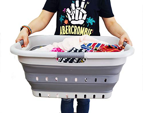 SAMMART 41L (10.8 gallon)Set of 2 Collapsible 3 Handled Plastic Laundry Basket-Foldable Pop Up Storage Container/Organizer-Space Saving Hamper/Basket (2, Grey/Dark Grey)