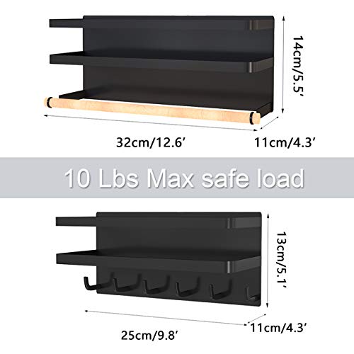 2 Sets Magnetic Shelf With 6 Hooks ,Magnetic Spice Rack For Kitchen,Magnetic Paper Towel Holder For Refrigerator,Magnetic Spice Rack With Strong Magnet,Space Saver for Small Kitchen/Apartment(Black)