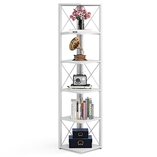 Tribesigns 6-Tier Corner Shelf, 70.8 Inch Tall Rustic Corner Bookshelf Storage Etagere Bookcase for Living Room, Corner Display Rack Plant Shelf for Home Kitchen Small Space (White)