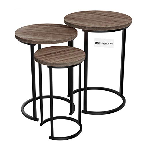 Lavish Home Round Nesting Set of 3, Modern Woodgrain Look with Black Base for Living Room Coffee Tables or Nightstands-Accent Home Furniture , Brown