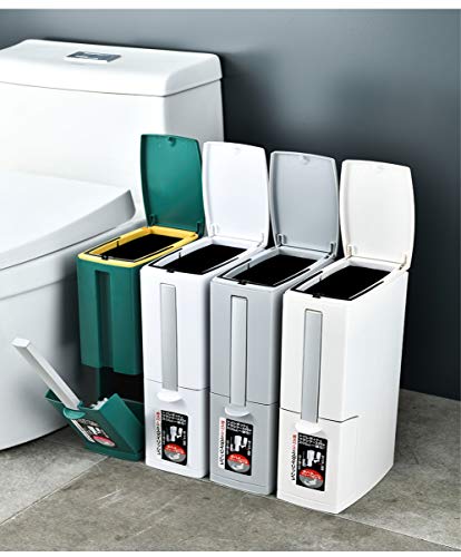 Cq acrylic Slim Plastic Trash Can 1.6 Gallon,Trash can with Toilet Brush Holder,6 Liter Garbage Can with Press Top Lid,White Rectangular Modern Waste Can for Bathroom