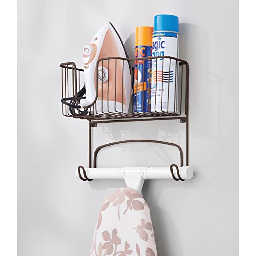 mDesign Metal Steel Wall Mount Ironing Board Organizer with Large Storage Basket for Laundry Rooms - Holds Iron, Board, Spray Bottles, Starch, Fabric Refresher, Easy Installation - Bronze