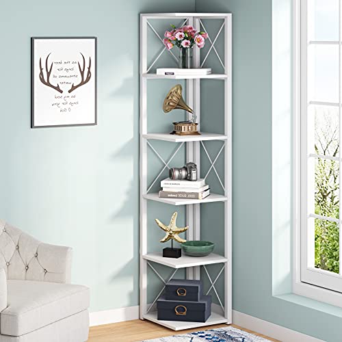 Tribesigns 6-Tier Corner Shelf, 70.8 Inch Tall Rustic Corner Bookshelf Storage Etagere Bookcase for Living Room, Corner Display Rack Plant Shelf for Home Kitchen Small Space (White)