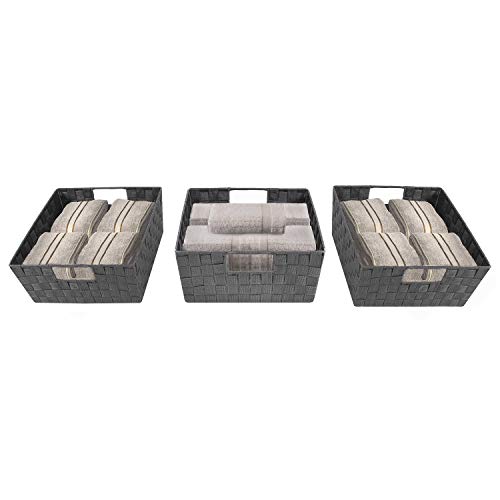 Sorbus Woven Basket Bin Set - Shelf Storage Tote Baskets for Household Items - Stackable with Woven Straps & Built-in Carry Handles (Gray)