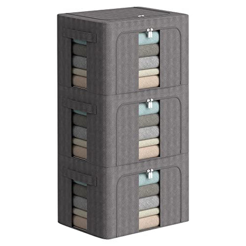 3 Pack Clothes Storage Bins - Stackable Metal Frame Storage Box Foldable Oxford Fabric Clothes Container Organizer with Clear Window & Carry Handles (Medium-36L, Dark Gray)