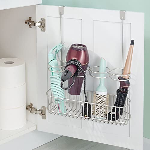 mDesign Over Door Bathroom Hair Care & Styling Tool Organizer Storage Basket for Hair Dryer, Flat Iron, Curling Wand, Hair Straighteners, Brushes - Hang Inside or Outside Cabinet Doors - Satin