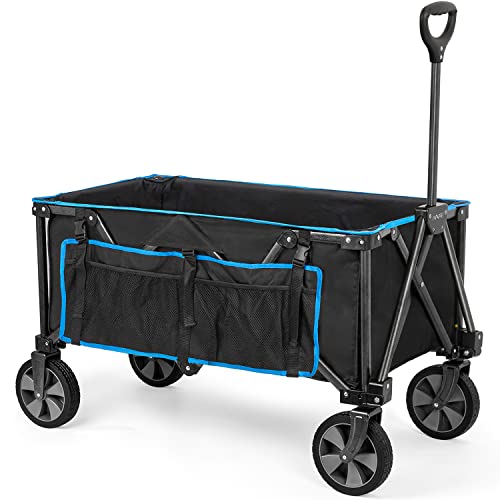 Navatiee Collapsible Folding Wagon, Heavy Duty Utility Beach Wagon Cart with Removable Wheels, Large Capacity Foldable Grocery Wagon for Garden Outdoor Use, S1