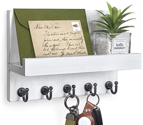 HONJIN Key Holder for Wall: Easy Installation Mail Organizer Wall Mount Hanging Key Rack for Kitchen and Entryway Decor with 5 Sturdy Key Hooks (White)