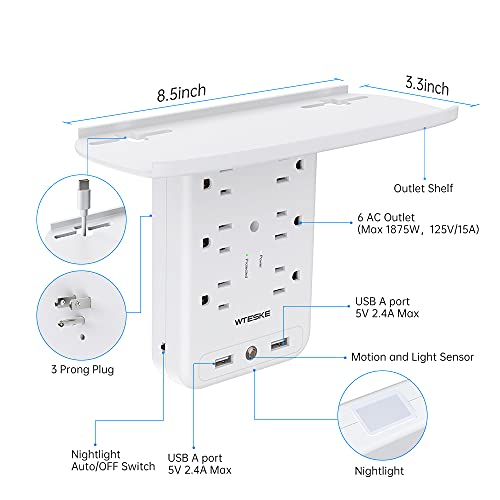 6 Outlet Socket Wall Shelf Surge Protector 1700 Joules, Wall Mount Outlet Extender Multi Plug with 2 USB Charging Ports, Smart Night Light and Removable Built-in Shelf (White)