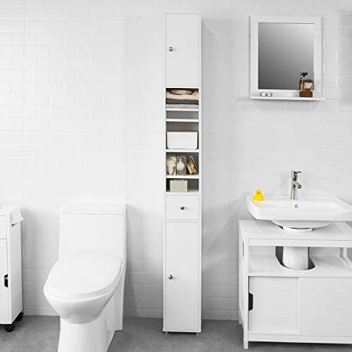 Haotian BZR34-W, White Bathroom Tall Cabinet with 1 Drawer, 2 Doors and Adjustable Shelves, Bathroom Shelf, 7.87 x 7.87 x 70.87 Bathroom Tall Cabinet Cupboard