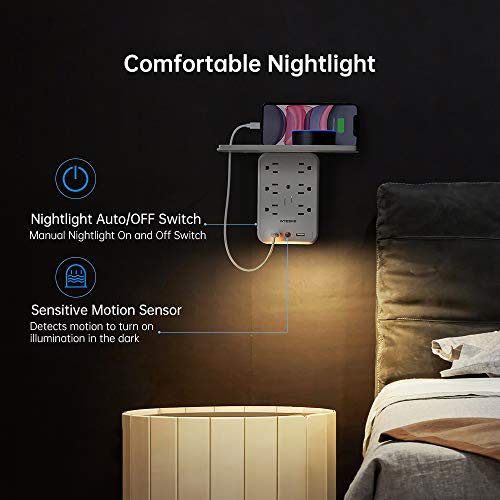 6 Outlet Socket Wall Shelf Surge Protector 1700 Joules, Wall Mount Outlet Extender Multi Plug with 2 USB Charging Ports, Smart Night Light and Removable Built-in Shelf (White)