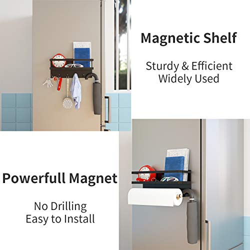2 Sets Magnetic Shelf With 6 Hooks ,Magnetic Spice Rack For Kitchen,Magnetic Paper Towel Holder For Refrigerator,Magnetic Spice Rack With Strong Magnet,Space Saver for Small Kitchen/Apartment(Black)
