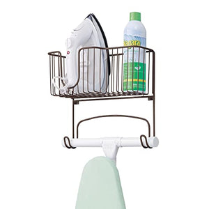 mDesign Metal Steel Wall Mount Ironing Board Organizer with Large Storage Basket for Laundry Rooms - Holds Iron, Board, Spray Bottles, Starch, Fabric Refresher, Easy Installation - Bronze