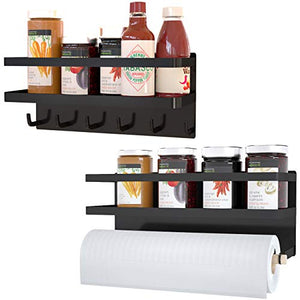 2 Sets Magnetic Shelf With 6 Hooks ,Magnetic Spice Rack For Kitchen,Magnetic Paper Towel Holder For Refrigerator,Magnetic Spice Rack With Strong Magnet,Space Saver for Small Kitchen/Apartment(Black)
