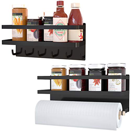 2 Sets Magnetic Shelf With 6 Hooks ,Magnetic Spice Rack For Kitchen,Magnetic Paper Towel Holder For Refrigerator,Magnetic Spice Rack With Strong Magnet,Space Saver for Small Kitchen/Apartment(Black)
