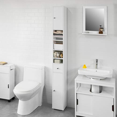 Haotian BZR34-W, White Bathroom Tall Cabinet with 1 Drawer, 2 Doors and Adjustable Shelves, Bathroom Shelf, 7.87 x 7.87 x 70.87 Bathroom Tall Cabinet Cupboard