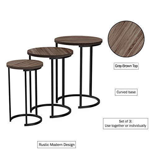Lavish Home Round Nesting Set of 3, Modern Woodgrain Look with Black Base for Living Room Coffee Tables or Nightstands-Accent Home Furniture , Brown