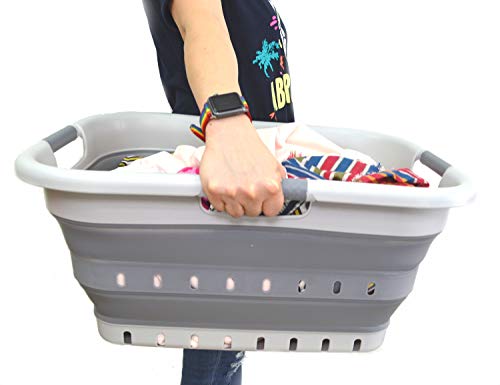 SAMMART 41L (10.8 gallon)Set of 2 Collapsible 3 Handled Plastic Laundry Basket-Foldable Pop Up Storage Container/Organizer-Space Saving Hamper/Basket (2, Grey/Dark Grey)