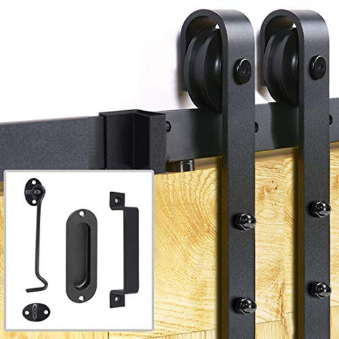 Signstek Sliding Barn Door Hardware Kit 6.6 FT Heavy Duty-Smoothly and Quietly- Easy to Install with Door Hook and 2 Handles - Fit 1 3/8-1 3/4" Thickness – Black (J Shape Hanger)