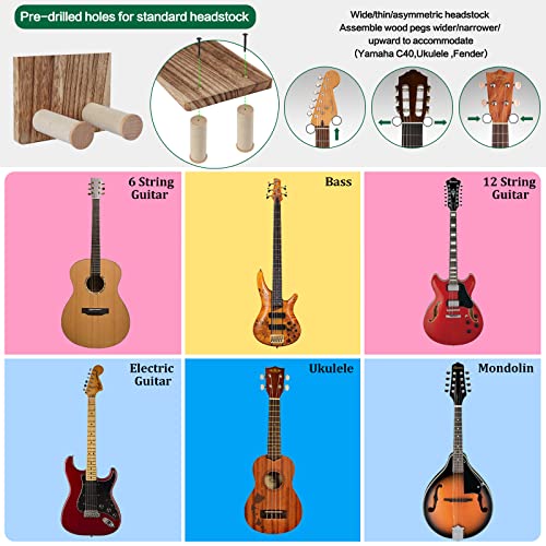 Keebofly Guitar Wall Hanger,2 Pack Guitar Wall Mount Holder Guitar Hanger Shelf with Pick Holder Wood Guitar Rack for Acoustic or Electric Guitar,Ukulele,Bass,Mandolin Brown,[Patented]
