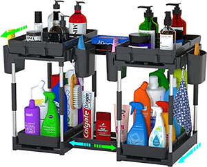 Double Sliding Under Sink Organizers and Storage - 2 Tier Pull Out Under Kitchen Cabinet Organizer w 4 Hanging Cup,8 Hooks,4 Dividers, Under Counter Sink Organization for Bathroom, Adjustable H and W