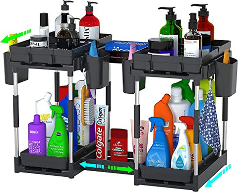Double Sliding Under Sink Organizers and Storage - 2 Tier Pull Out Under Kitchen Cabinet Organizer w 4 Hanging Cup,8 Hooks,4 Dividers, Under Counter Sink Organization for Bathroom, Adjustable H and W