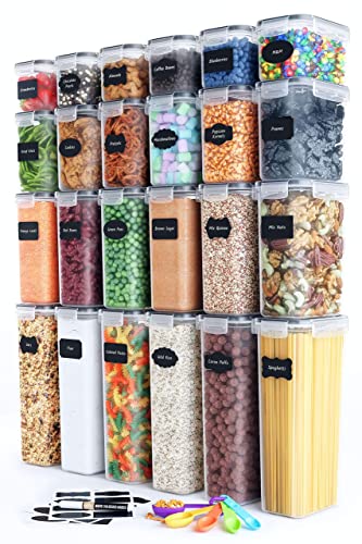 Airtight Food Storage Container Set - 24 Piece, Kitchen & Pantry Organization, BPA-Free, Plastic Canisters with Durable Lids Ideal for Cereal, Flour & Sugar - Labels, Marker & Spoon Set