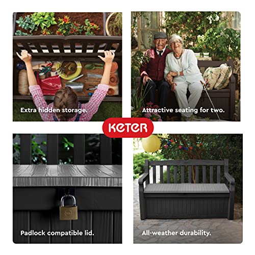 Keter Solana 70 Gallon Storage Bench Deck Box for Patio Furniture, Front Porch Decor and Outdoor Seating – Perfect to Store Garden Tools and Pool Toys, Brown