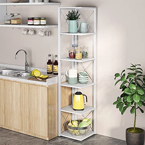 Tribesigns 6-Tier Corner Shelf, 70.8 Inch Tall Rustic Corner Bookshelf Storage Etagere Bookcase for Living Room, Corner Display Rack Plant Shelf for Home Kitchen Small Space (White)