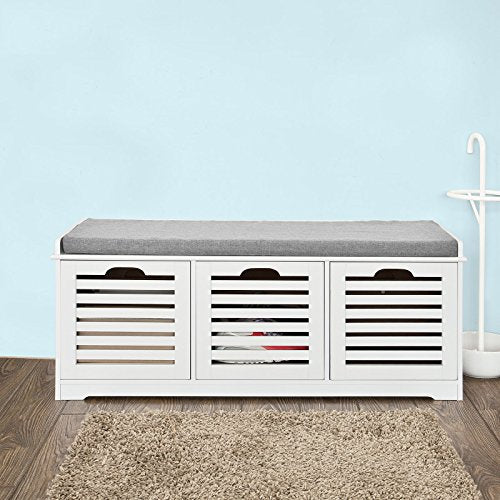 Haotian FSR23-W, White Storage Bench with 3 Drawers & Padded Seat Cushion, Hallway Bench, Shoe Cabinet, Shoe Bench