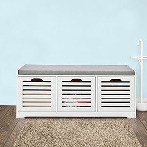 Haotian FSR23-W, White Storage Bench with 3 Drawers & Padded Seat Cushion, Hallway Bench, Shoe Cabinet, Shoe Bench