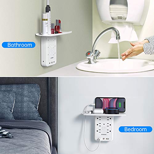 6 Outlet Socket Wall Shelf Surge Protector 1700 Joules, Wall Mount Outlet Extender Multi Plug with 2 USB Charging Ports, Smart Night Light and Removable Built-in Shelf (White)