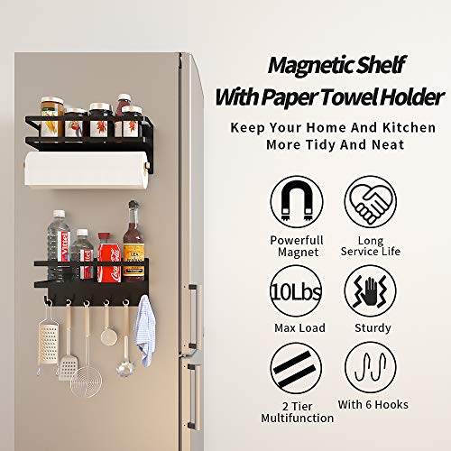 2 Sets Magnetic Shelf With 6 Hooks ,Magnetic Spice Rack For Kitchen,Magnetic Paper Towel Holder For Refrigerator,Magnetic Spice Rack With Strong Magnet,Space Saver for Small Kitchen/Apartment(Black)