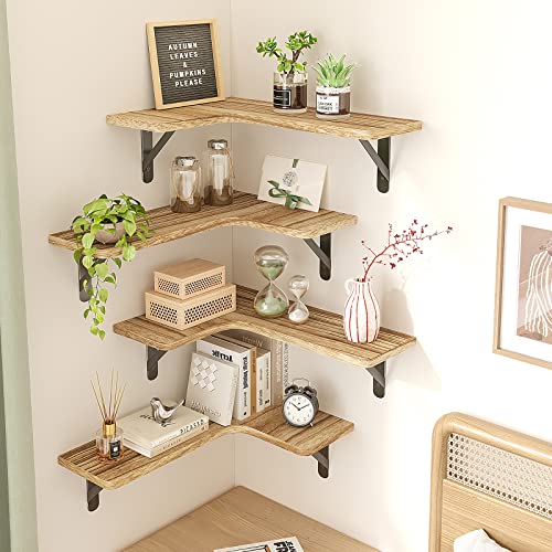Fixwal Corner Floating Shelves, Wall Mounted Corner Shelf Set of 5, Rustic Wood Wall Shelves for Bathroom, Kitchen, Bedroom or Living Room (Carbonized Black)