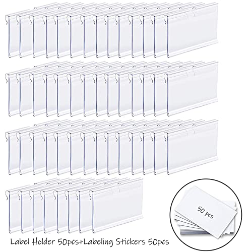 Basket Labels Clip On,50PCS Clear Plastic Bin Clip Labels for Baskets,Wire Shelf Price Labels,Labels for Storage Bins,Merchandise Sign Display Holder,50PCS 6X4CM Label Inserts Included. (CQTP0000)
