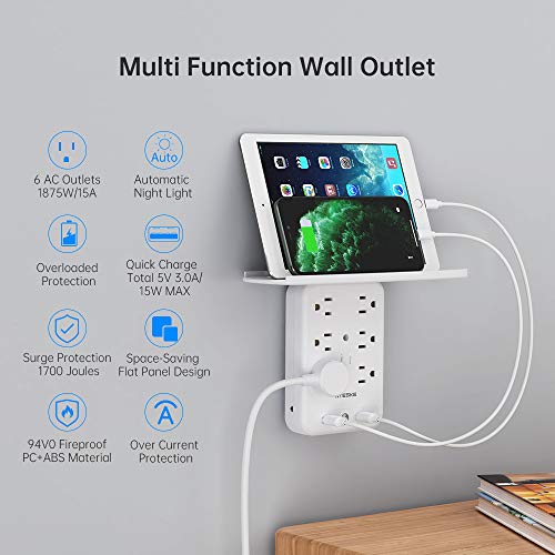 6 Outlet Socket Wall Shelf Surge Protector 1700 Joules, Wall Mount Outlet Extender Multi Plug with 2 USB Charging Ports, Smart Night Light and Removable Built-in Shelf (White)