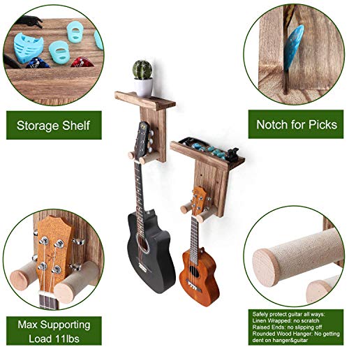 Keebofly Guitar Wall Hanger,2 Pack Guitar Wall Mount Holder Guitar Hanger Shelf with Pick Holder Wood Guitar Rack for Acoustic or Electric Guitar,Ukulele,Bass,Mandolin Brown,[Patented]