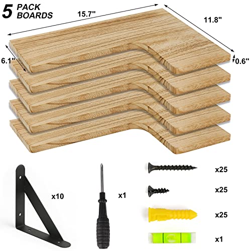 Fixwal Corner Floating Shelves, Wall Mounted Corner Shelf Set of 5, Rustic Wood Wall Shelves for Bathroom, Kitchen, Bedroom or Living Room (Carbonized Black)