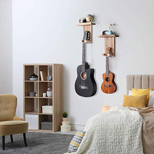 Keebofly Guitar Wall Hanger,2 Pack Guitar Wall Mount Holder Guitar Hanger Shelf with Pick Holder Wood Guitar Rack for Acoustic or Electric Guitar,Ukulele,Bass,Mandolin Brown,[Patented]