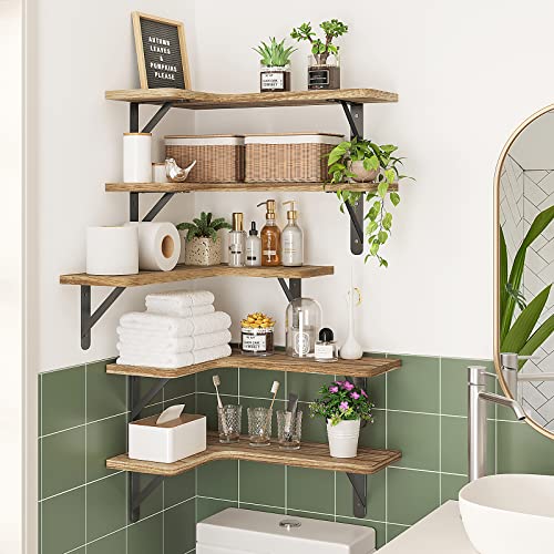 Fixwal Corner Floating Shelves, Wall Mounted Corner Shelf Set of 5, Rustic Wood Wall Shelves for Bathroom, Kitchen, Bedroom or Living Room (Carbonized Black)