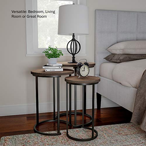 Lavish Home Round Nesting Set of 3, Modern Woodgrain Look with Black Base for Living Room Coffee Tables or Nightstands-Accent Home Furniture , Brown