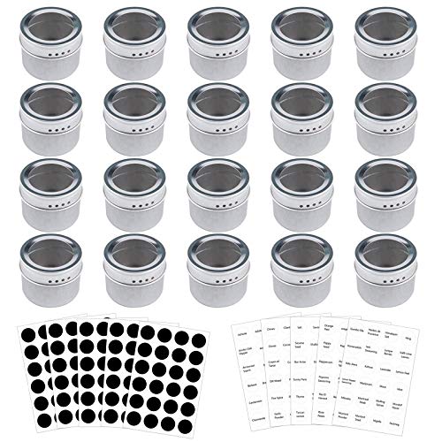 Bekith 20 Pack Magnetic Spice Tins Storage Spice Containers, Clear Top Lid with Sift or Pour, Magnetic on Refrigerator and Grill, 240 PVC Spice Label Set