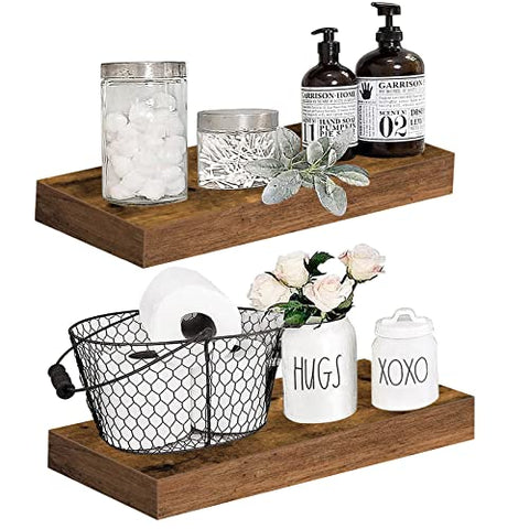 QEEIG Floating Shelves Bathroom Decor - Book Shelf for Wall Bedroom Kitchen Farmhouse Small 16 inch Set of 2, Rustic Brown (008-40BN)