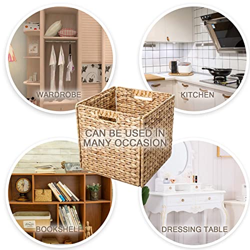 VK Living Foldable Handwoven Water Hyacinth Storage Baskets Wicker Cube Baskets Rectangular Laundry Organizer Totes for Bedroom, Living Room,Nursery Room, Shelves, Pantry 4 Pack 12x12x12inch