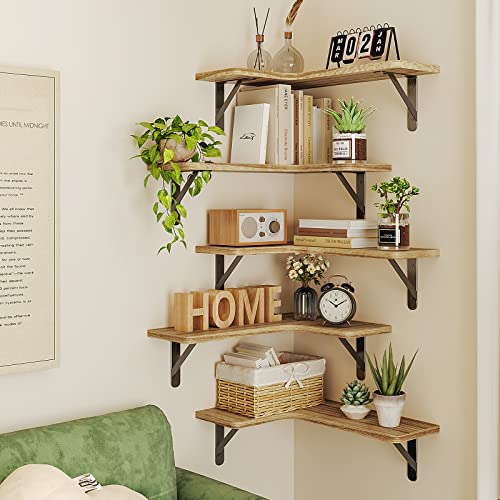 Fixwal Corner Floating Shelves, Wall Mounted Corner Shelf Set of 5, Rustic Wood Wall Shelves for Bathroom, Kitchen, Bedroom or Living Room (Carbonized Black)