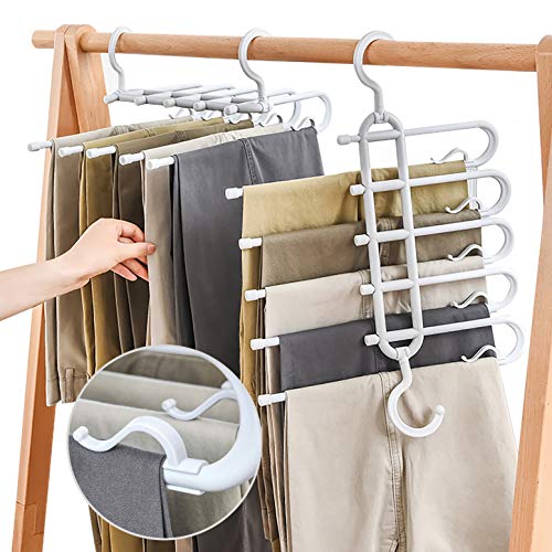 LaLand Space Saving Pants Hanger with Clips Trousers Hangers 5 Layered Pants Rack for Pants Jeans Trousers Skirts Scarf Ties Towels Closet Storage Non-Slip Clothes Organizer (2 Pack)