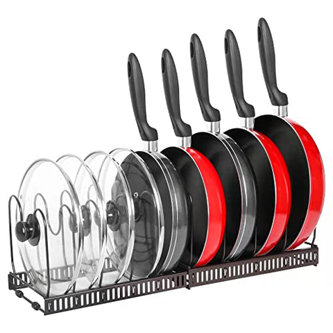 Pot Rack Organizer -Expandable Pot and Pan Organizer for Cabinet,Pot Lid Organizer Holder with 10 Adjustable Compartment for Kitchen Cabinet Cookware Baking Frying Rack,Bronze
